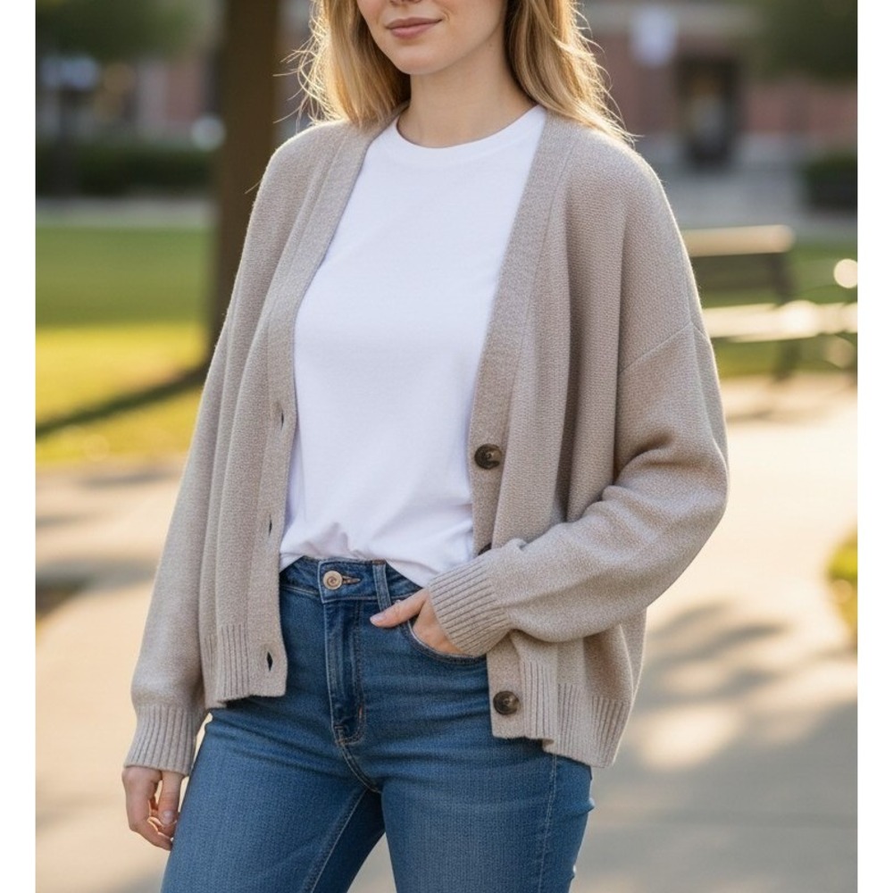 Quince Organic Cotton Boyfriend Cardigan Sweater Oatmeal Beige Size XL Preppy